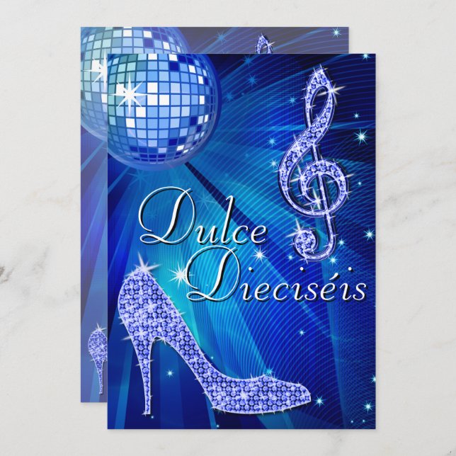 Spanish Blue Disco Ball & Sparkle Heels Sweet 16 Invitation (Front/Back)