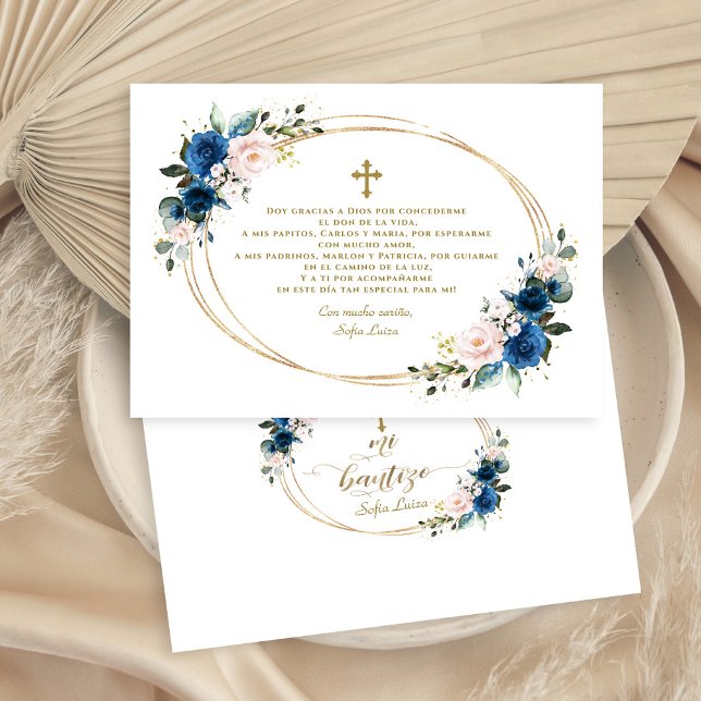 Spanish Blue Floral Gracias Con Oración Bautizo Thank You Card (boy baptism thank you, mi bautizo blue floral thank you, trendy blue floral baptism thank you)