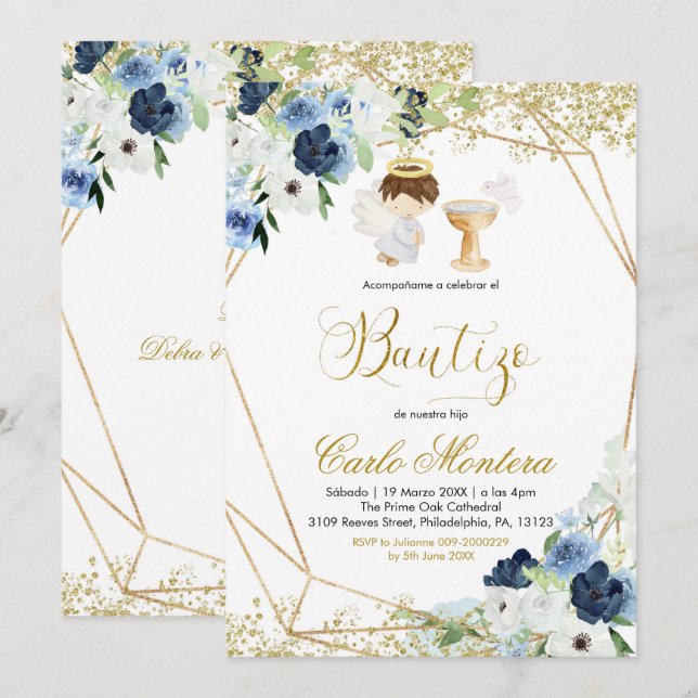 Spanish Blue Floral Niño Bautizo Invitacion Invitation (Front/Back)