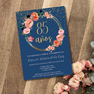 Spanish Blue Gold Pink Floral 85th Birthday Party Invitation