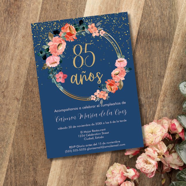 Spanish Blue Gold Pink Floral 85th Birthday Party Invitation (Creator Uploaded)