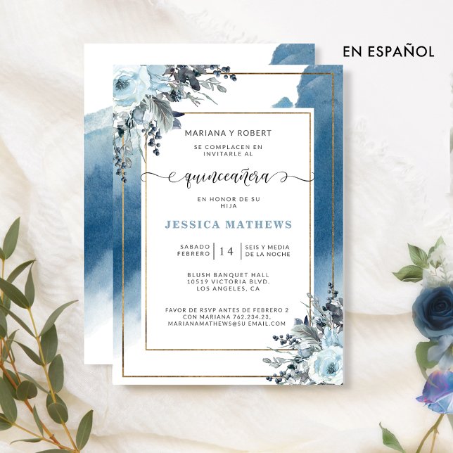 Spanish, Blue Quinceañera Watercolor and Floral Invitation (Creator Uploaded)