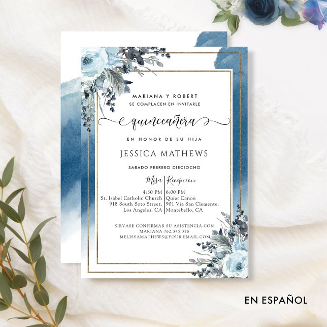 Spanish Blue Quinceañera Watercolor with Floral Invitation (Creator Uploaded)