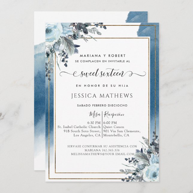 Spanish Blue Sweet Sixteen Watercolor with Floral Invitation (Front/Back)