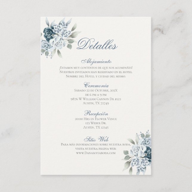 Spanish Blue Wedding Detalles de la Boda Enclosure Card (Front)