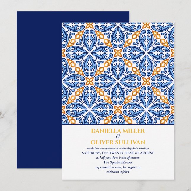 Spanish Blue Yellow Tile Mediterranean wedding Invitation (Front/Back)