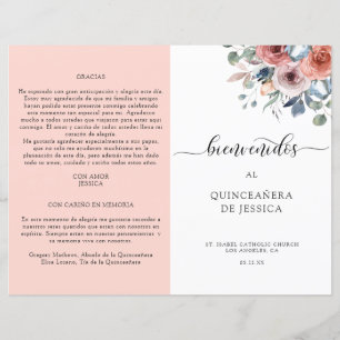 Spanish, Blush and Blue Floral Quinceanera Program