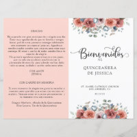 Spanish, Blush and Blue Floral Quinceanera Program
