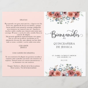Spanish, Blush and Blue Floral Quinceanera Program
