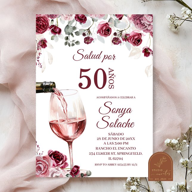 Spanish Blush and Burgundy Salud Por 50 Anos Invitation (Creator Uploaded)