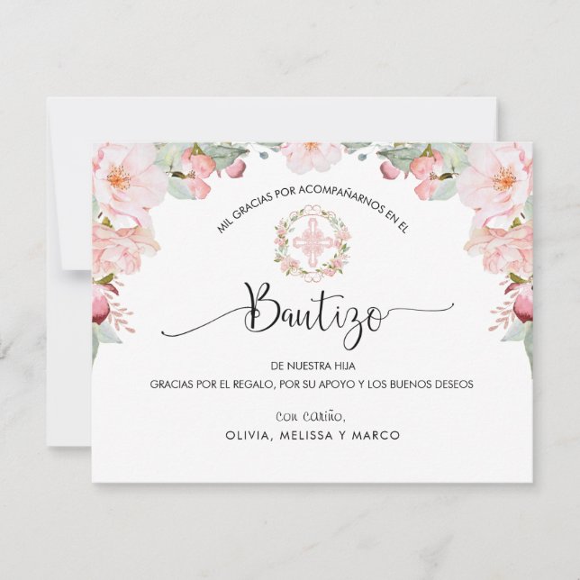 Spanish, Blush and Mint Baptism Thank You Card (Front)