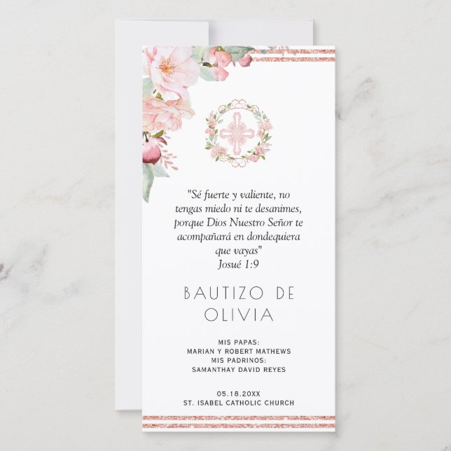 Spanish Blush, Mint Floral Baptism Bookmark Favour Thank You Card (Front)