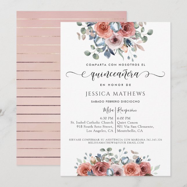 Spanish, Blush Pink and Blue Floral Quinceañera Invitation (Front/Back)