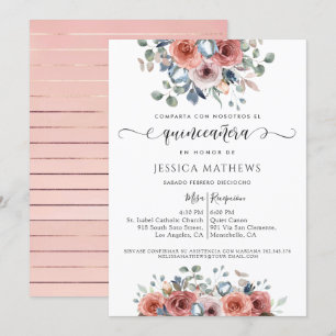 Spanish, Blush Pink and Blue Floral Quinceañera Invitation
