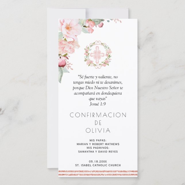 Spanish Blush Pink Confirmacion Bookmark Favour Thank You Card (Front)