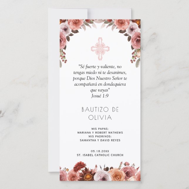 Spanish, Blush Pink Floral Baptism Bookmark Favour Thank You Card (Front)