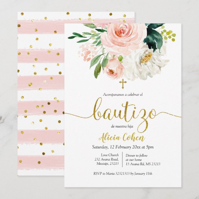 Spanish Blush Pink Floral Bautizo Invitacion Invitation (Front/Back)