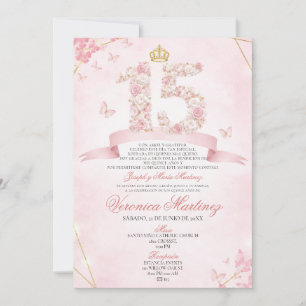 Spanish Blush Pink Floral Crown Butterfly 15 Años Invitation
