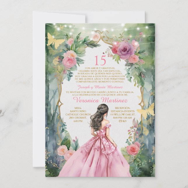 Spanish Blush Pink Princess Dress Forest 15 Años Invitation (Front)