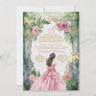 Spanish Blush Pink Princess Dress Forest 15 Años Invitation