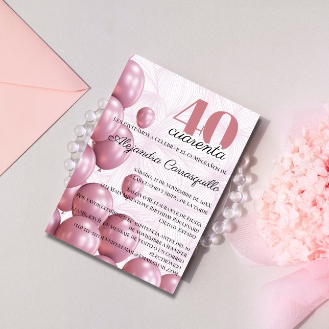 Spanish Blush Rose Floral Balloons 40th Birthday Invitation (Creator Uploaded)