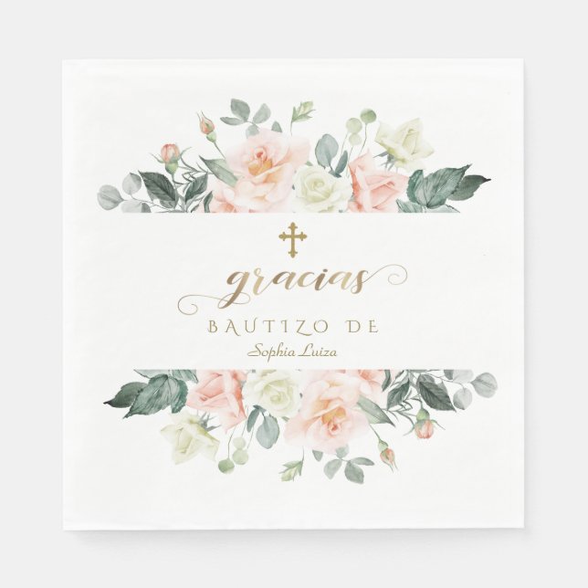 Spanish Blush White Flowers Gold Girl Bautizo Napkin (Front)