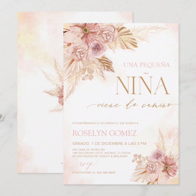Spanish Boho Baby Shower Invite Pampas Grass Theme (Front/Back)