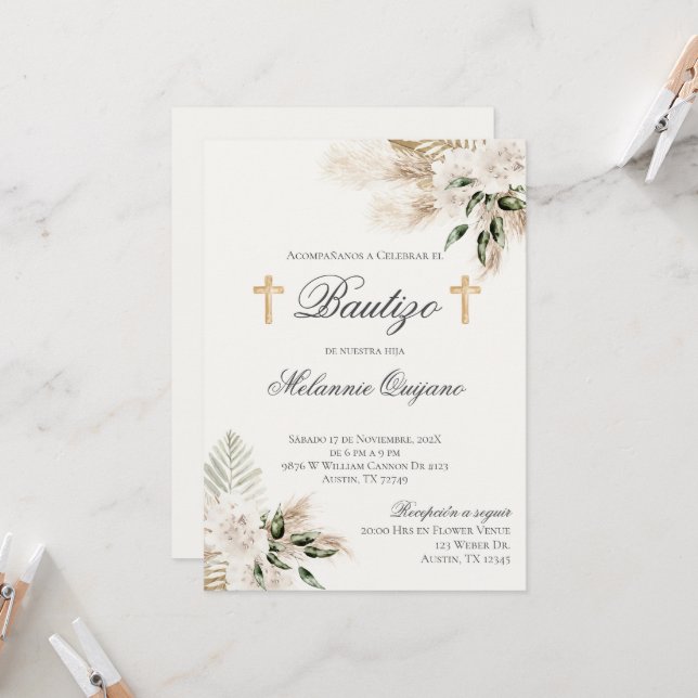 Spanish Boho Baptism Floral invitation (Front/Back In Situ)