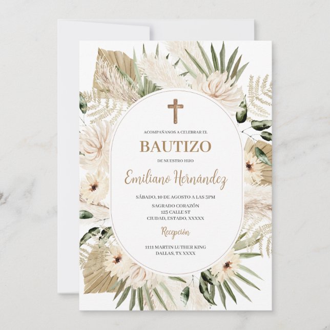 Spanish Boho Baptism Floral Invitation (Front)