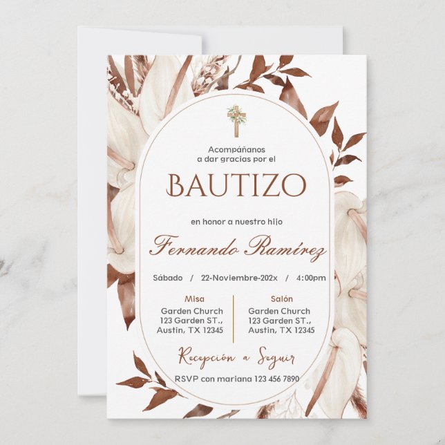 Spanish Boho Baptism Floral Invitation (Front)