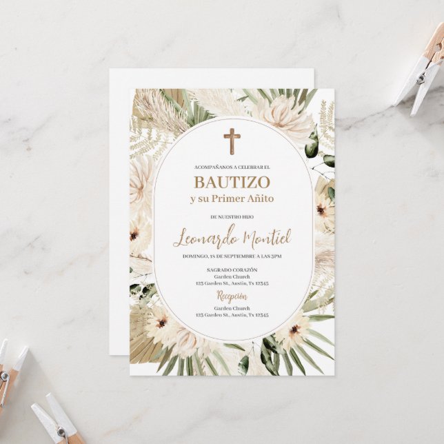 Spanish Boho Baptism Floral Invitation (Front/Back In Situ)