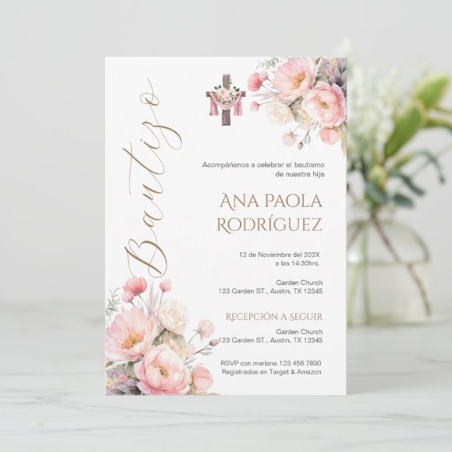 Spanish Boho Floral Girl Baptism Invitation (Standing Front)