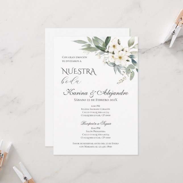 Spanish Boho Floral Wedding Invitation (Front/Back In Situ)
