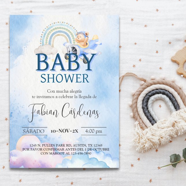 Spanish Boy Baby Shower Teddy Bear Aeroplane Blue Invitation (Spanish Boy Baby Shower Teddy Bear Airplane Blue Invitation)