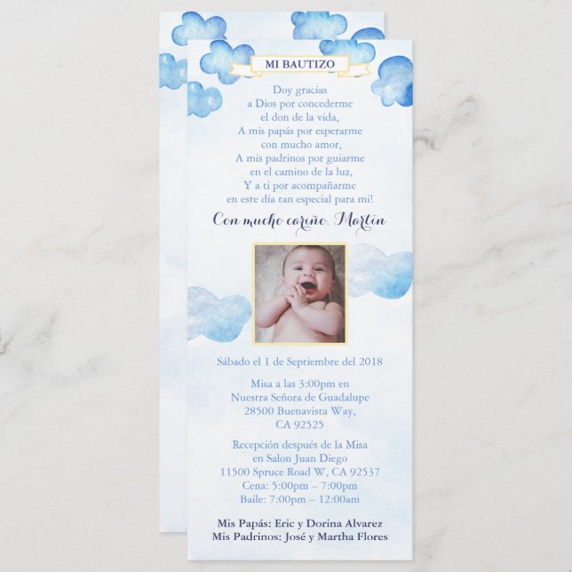 Spanish Boy Bautizo Baptism Invites with clouds (Front/Back)