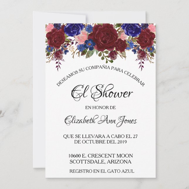 Spanish Bridal Shower Navy Burgundy Floral Invitation (Front)