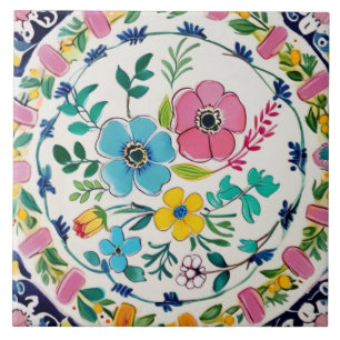 Spanish Bright Colourful Floral Pink & Blue Flower Tile