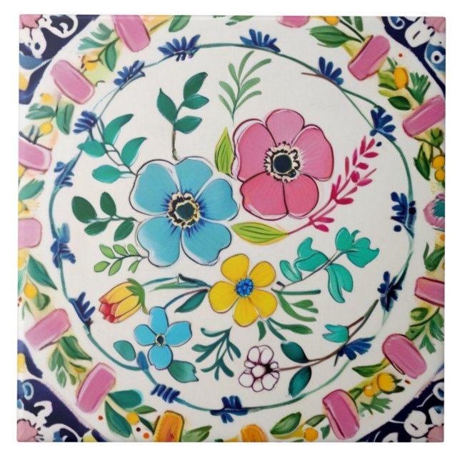 Spanish Bright Colourful Floral Pink & Blue Flower Tile (Front)