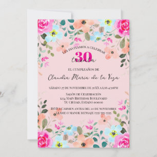 Spanish Bright Pink Floral 30th Birthday Party  Invitation