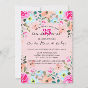 Spanish Bright Pink Floral 35th Birthday Party  Invitation