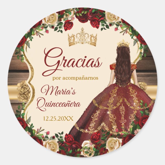 Spanish Burgundy Floral Rustic 15 Anos Gracias Classic Round Sticker (Front)