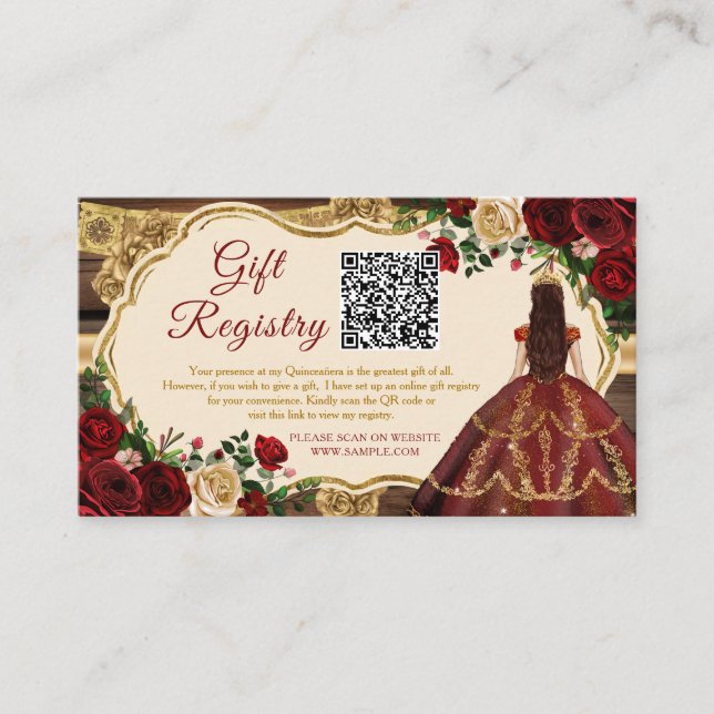 Spanish Burgundy Floral Rustic 16th Gift Registry Enclosure Card (Front)