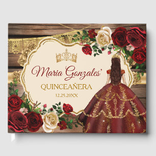 Spanish Burgundy Floral Rustic Wood Mis Quince Guest Book