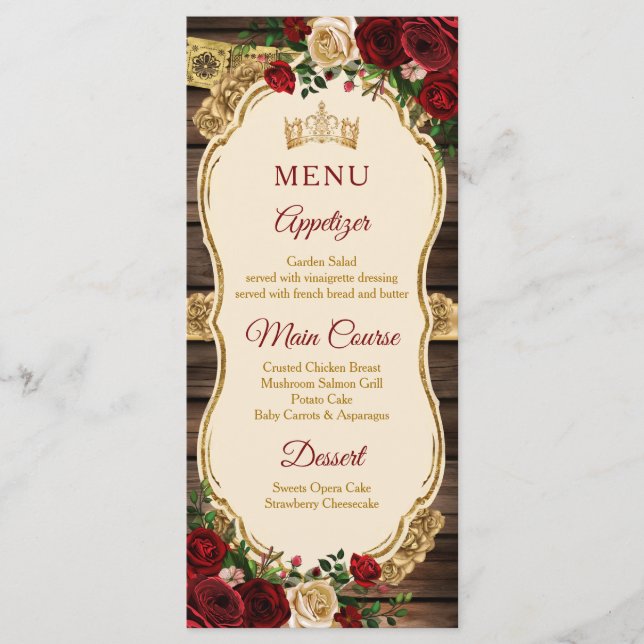 Spanish Burgundy Floral Rustic Wood Mis Quince Menu (Front)