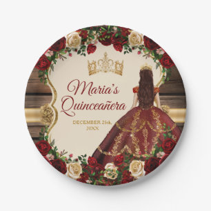Spanish Burgundy Floral Rustic Wood Mis Quince Paper Plate