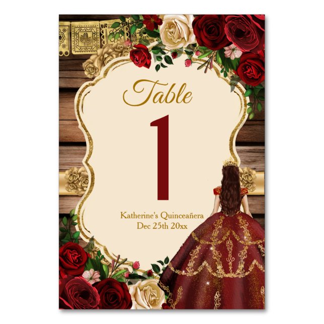 Spanish Burgundy Floral Rustic Wood Mis Quince Table Number (Front)