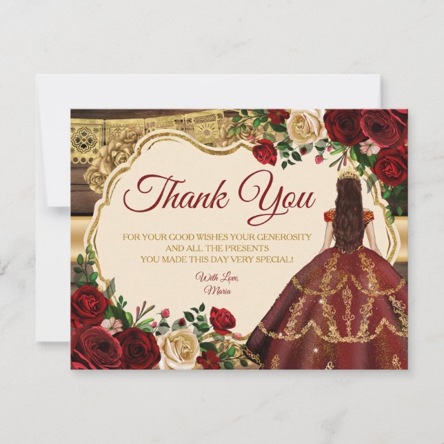 Spanish Burgundy Floral Rustic Wood Mis Quince Thank You Card (Front)