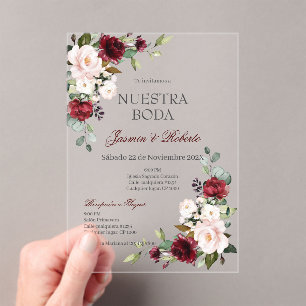 Spanish Burgundy Floral Wedding Acrylic Invitations