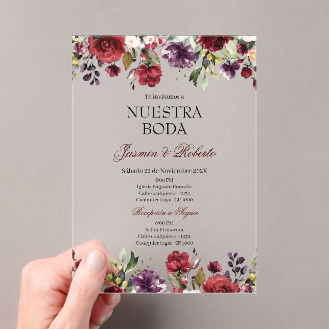 Spanish Burgundy Floral Wedding Acrylic Invitations (Insitu (Handheld))