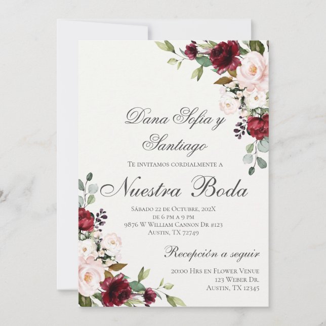 Spanish Burgundy Floral Wedding Invitation (Front)